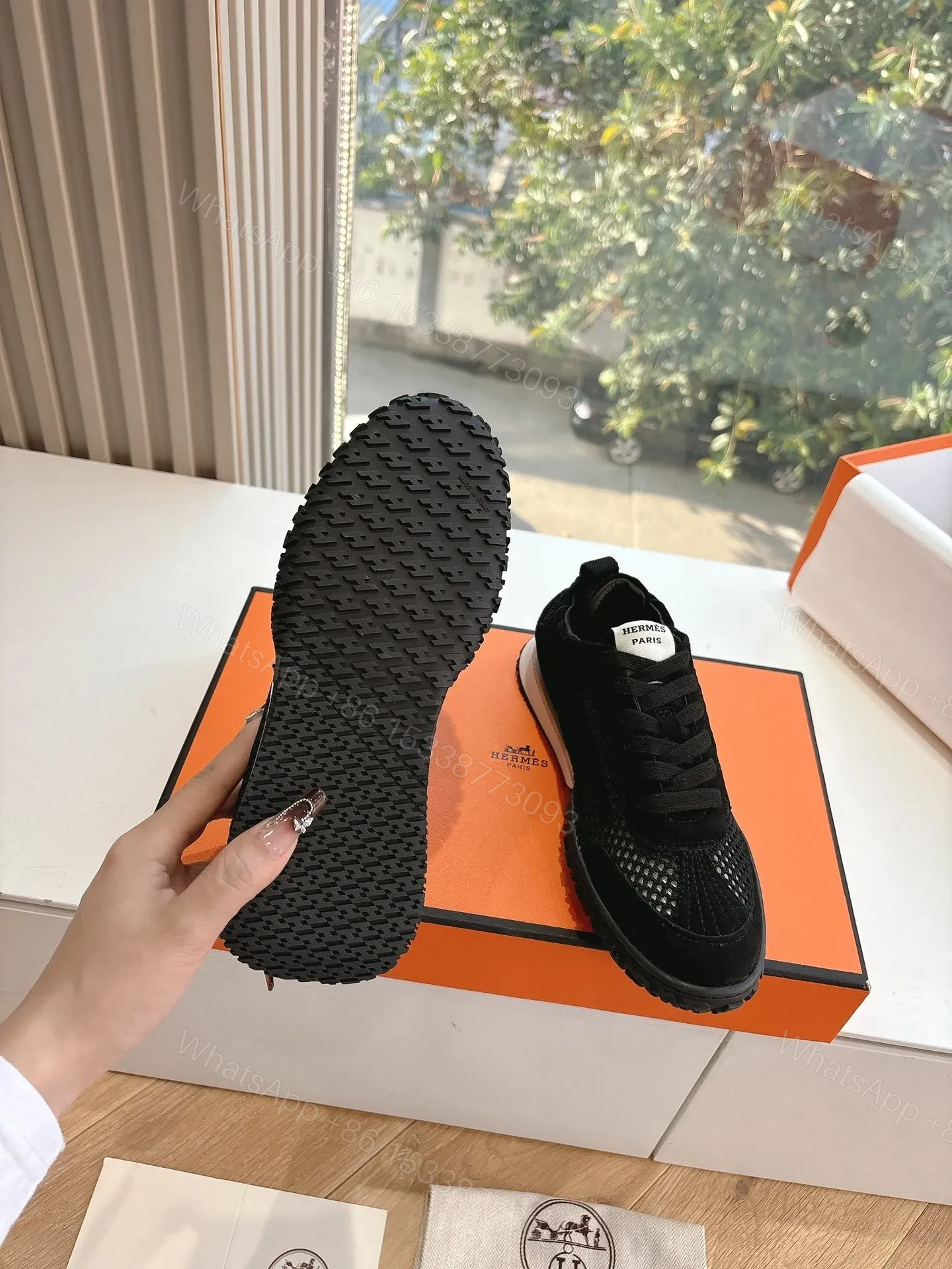 View 2 of Hermes Women Black Suede Mesh Sneakers