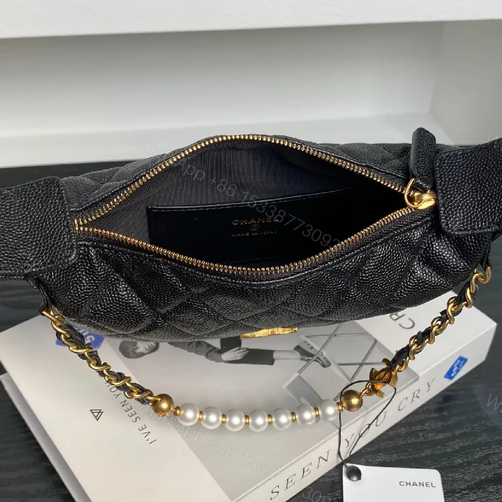 View 3 of Compact Quilted Black Mini Bag with Pearl Chain