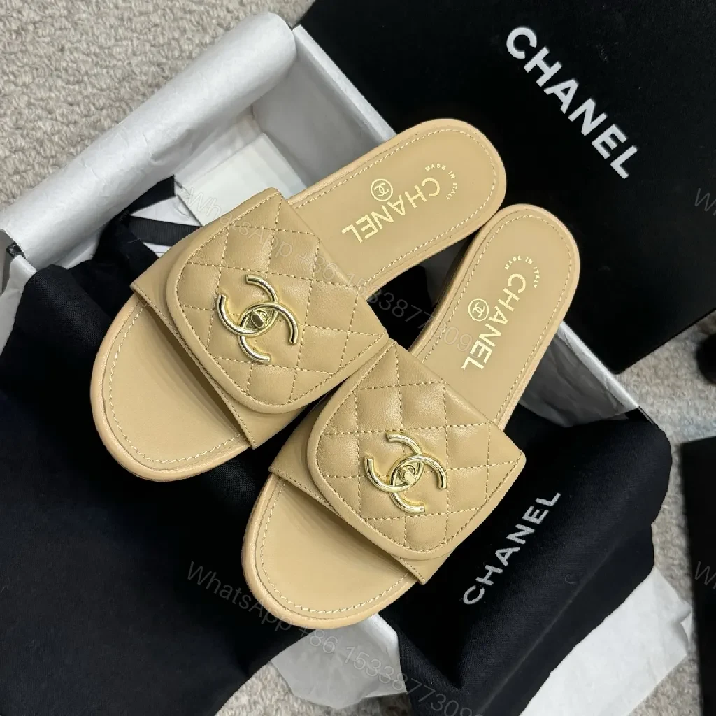View 4 of Beige Quilted Leather Sliders with Gold Logo—Elegant Comfort