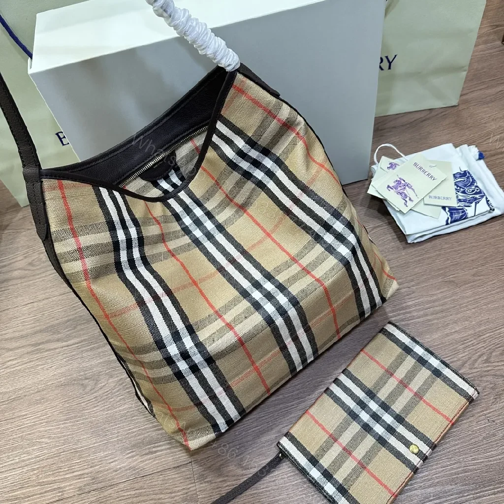 View 5 of Classic Check Tote Set: Luxe Silk-Lined Carryalls with Gold Hardware