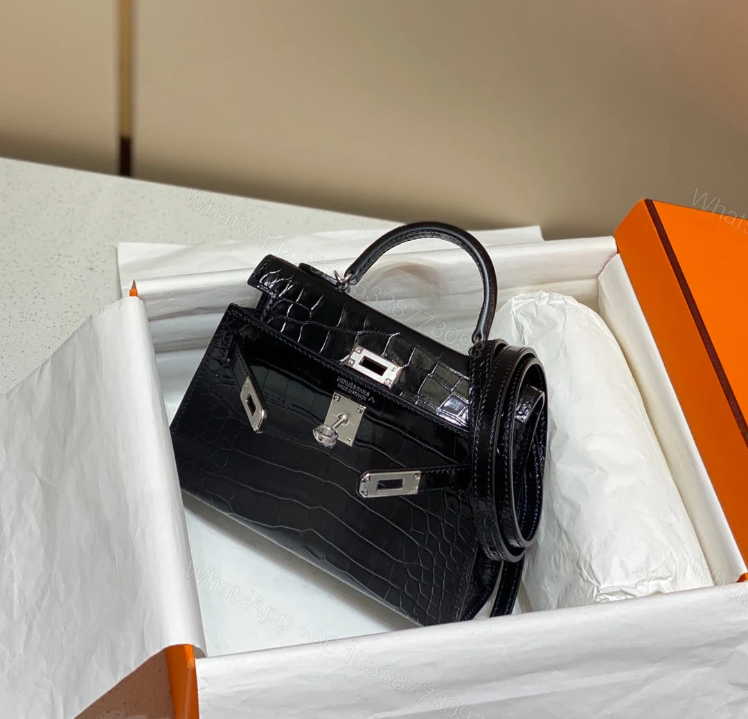 View 8 of HERMES MINI KELLY IN BLACK CROCODILE SKIN SILVER HARDWARE