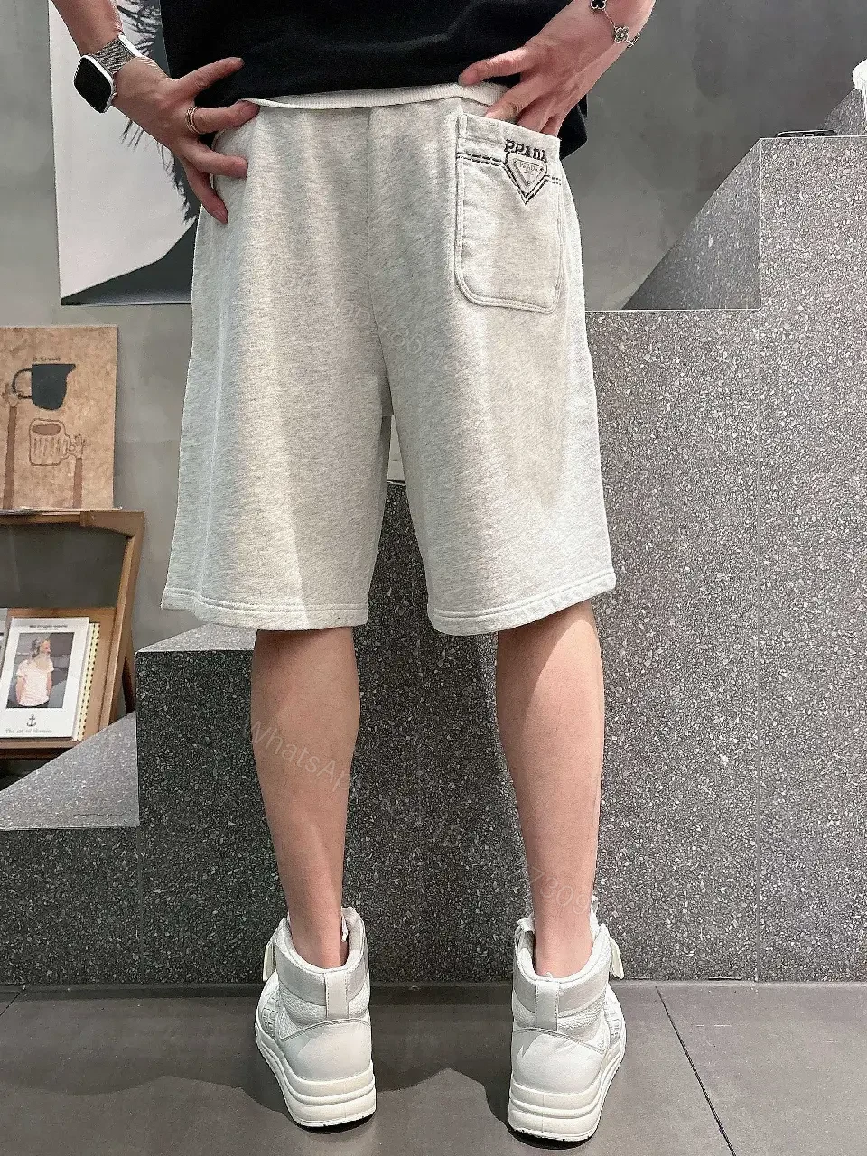 View 8 of Gray Hoodie Shorts Fabric Streetwear Drawstring Shorts