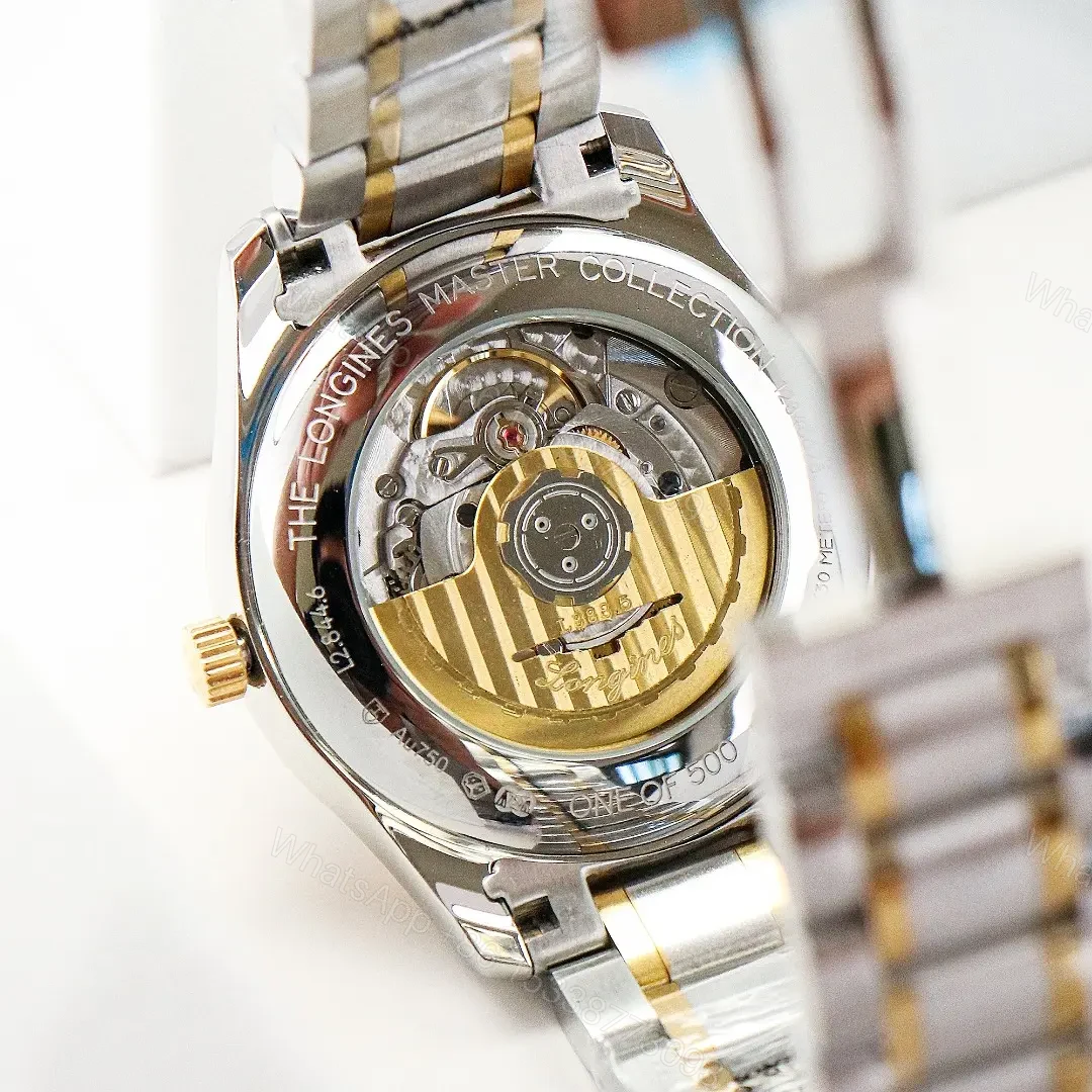 View 8 of Longines Master Classic Re Edition GMT Two Time Zone Watch White Dial Two Tone Stainless Steel and Rose Gold Bracelet 40mm Case Italian Grey Leather Strap Option