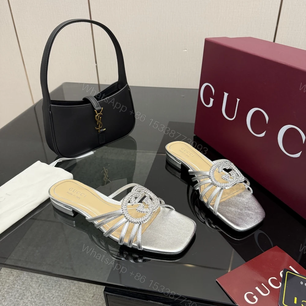 View 4 of Gucci Women Slide With Crystal Interlocking G Silver