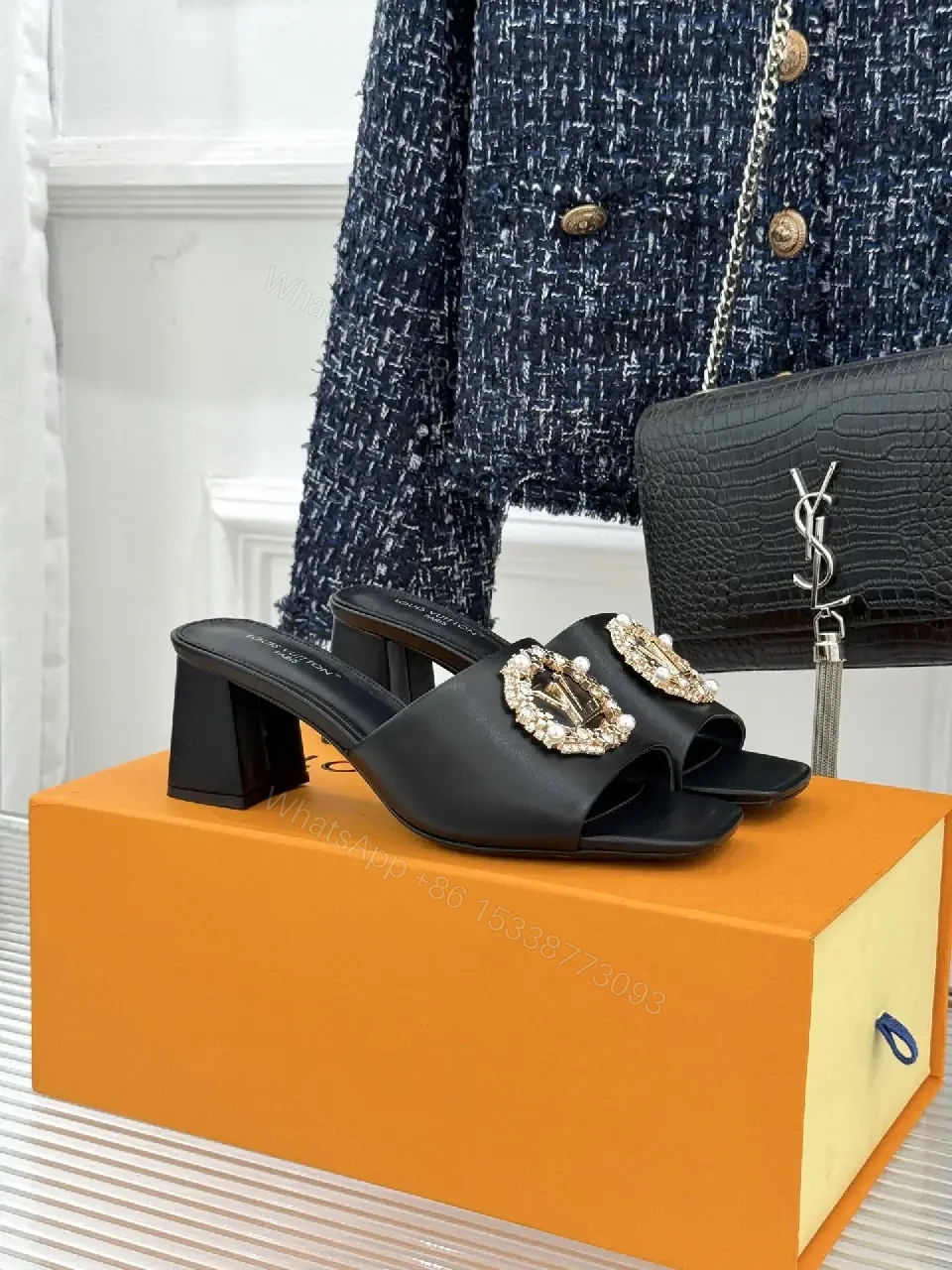 View 4 of Black Leather Slingback Slides — Crystal Emblem, 2" Block Heel