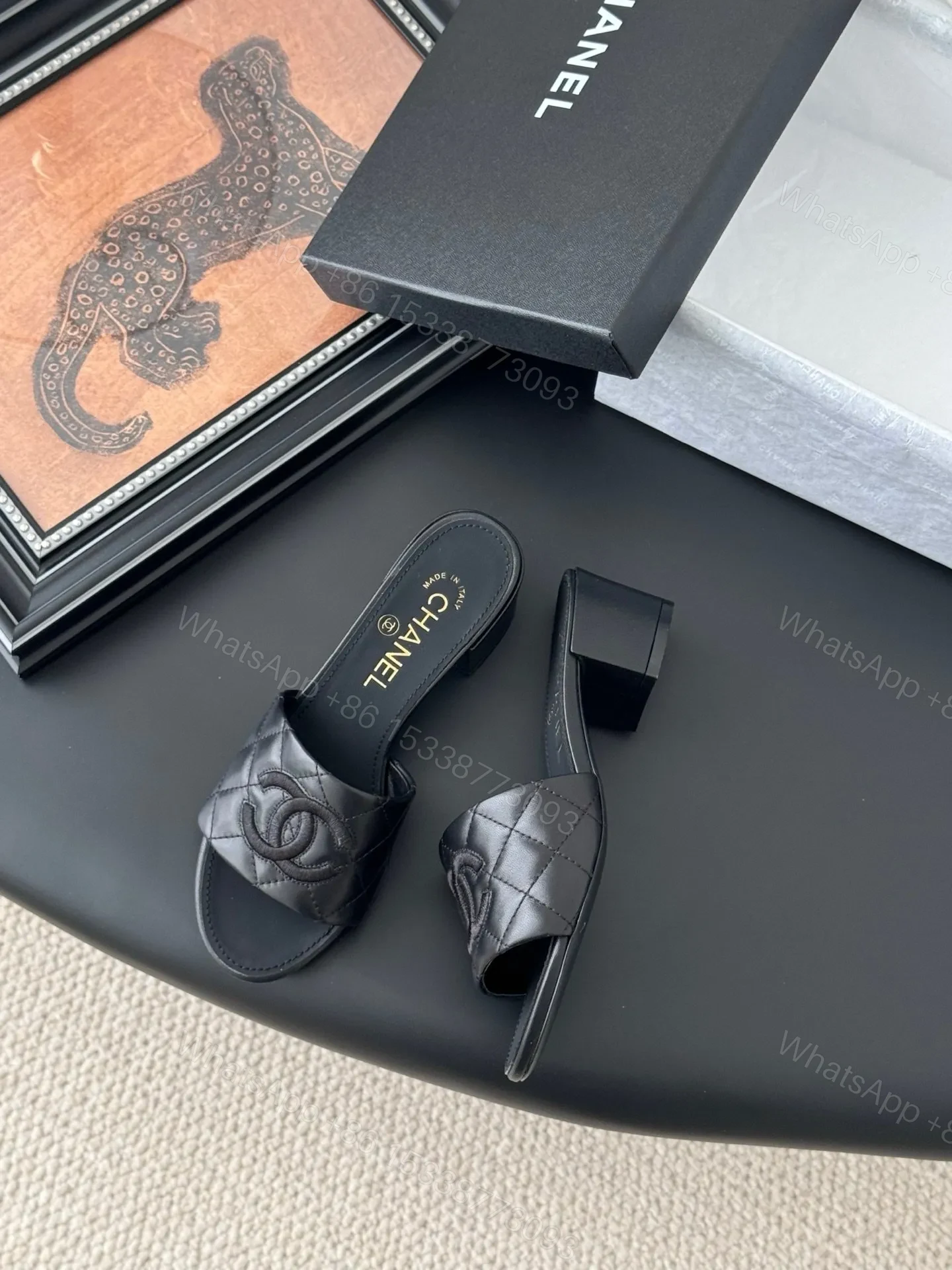 View 3 of Chanel Women Black Quilted Leather Slides