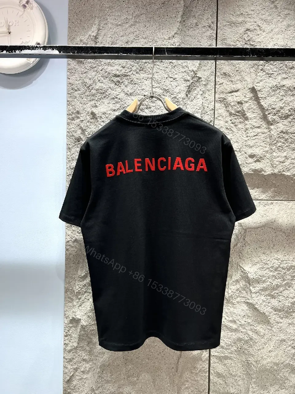 View 3 of Black Cotton Crewneck Tee with Subtle Red Logo Embroidery