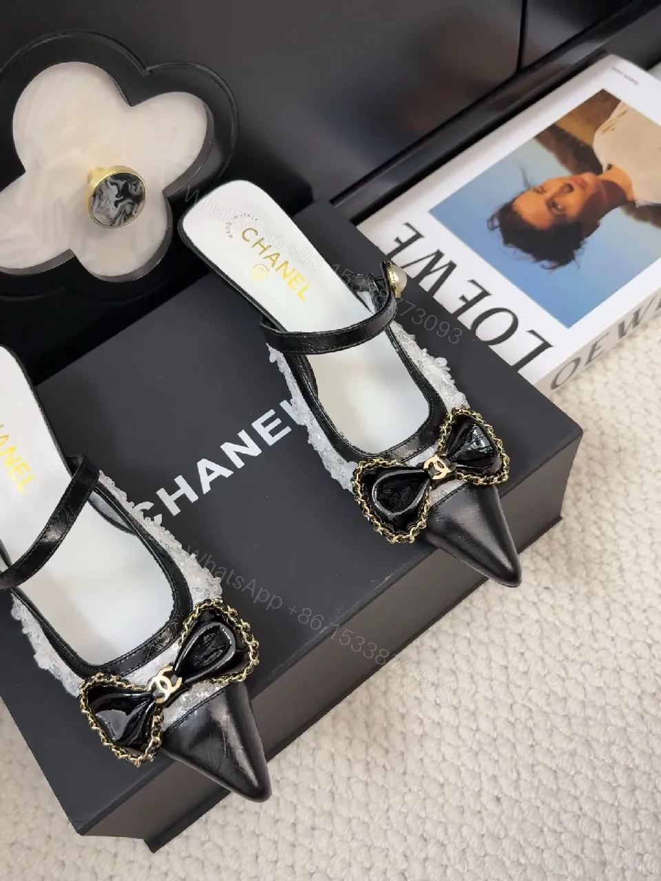View 2 of Chic Pointed-Toe Mules with Lace Bow Detail, Open- Heel footwear