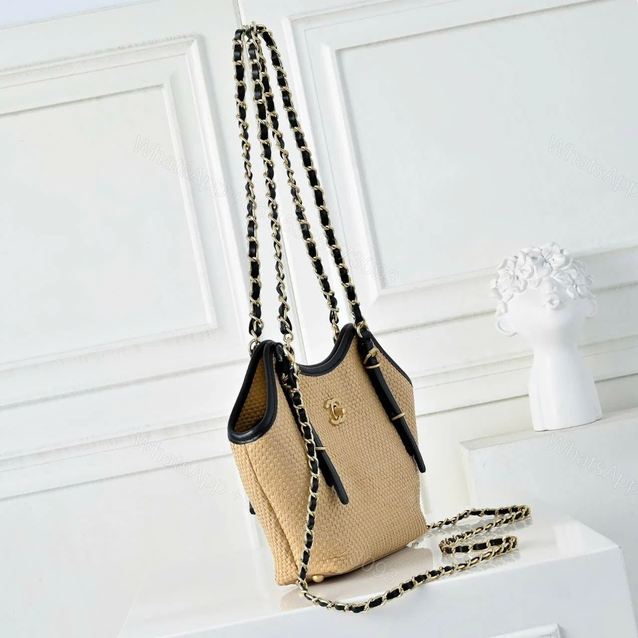 View 3 of Chanel Medium Shopping Bag Braided Raffia And Gold Tone Metal In Beige 30Cm