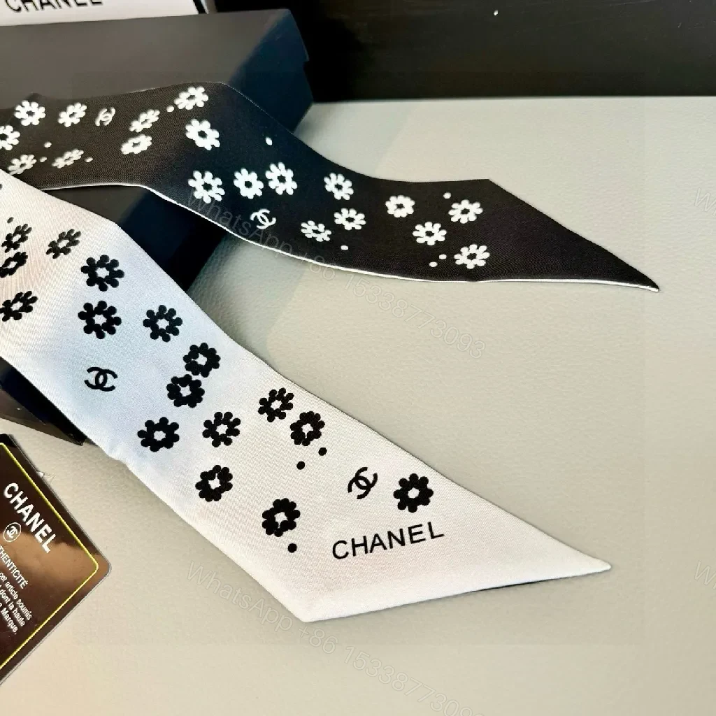 View 9 of Monochrome Silk Scarf & Tie Set: Modern Floral Style