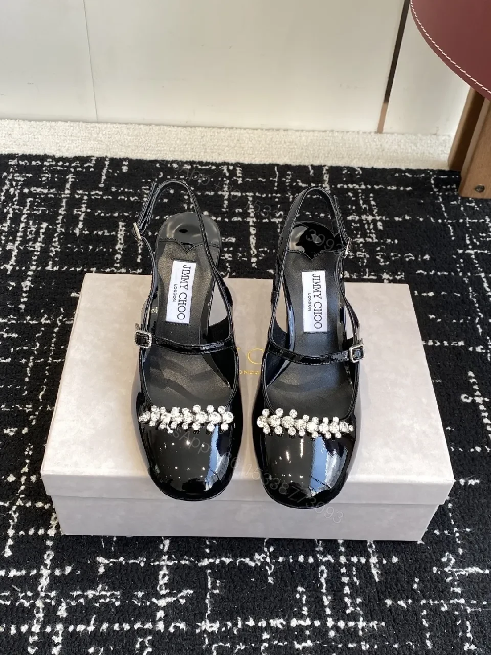 View 8 of Crystal-Embellished Black Patent Slingbacks with Adjustable Strap
