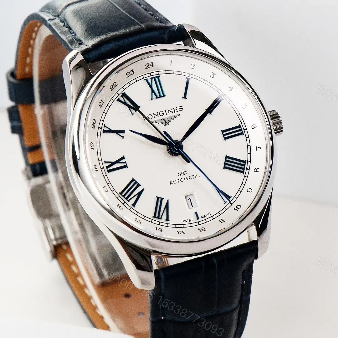 View 3 of Longines Master Collection GMT Watch White Dial with Blue Hands 40mm Stainless Steel Case Italian Grey Leather Strap