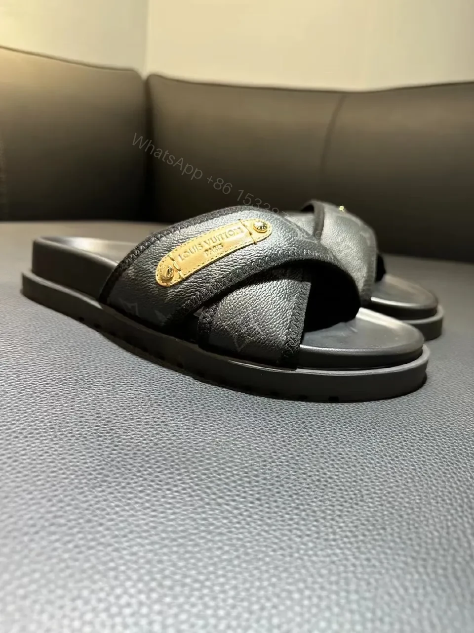 View 4 of Black Monogram-Texture Cross-Over Slides: All-Day Comfort