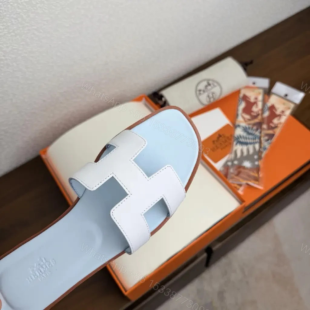 View 3 of Blue Leather H Sandals Hermes-Style Slippers
