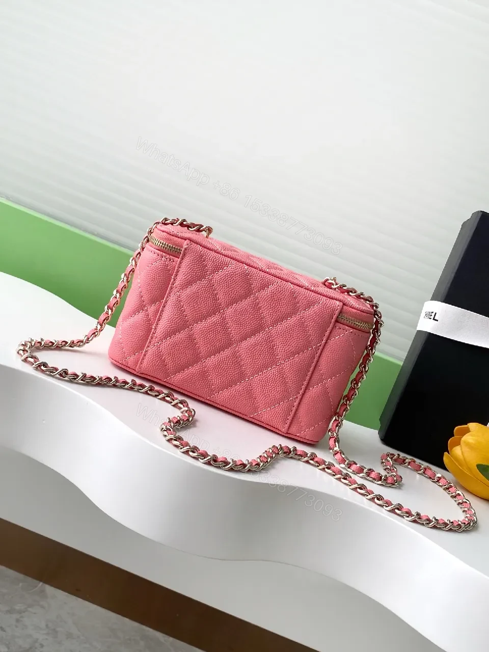 View 9 of Pink Quilted Crossbody with Gold-Tone Hardware