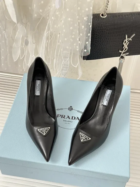View 2 of Prada Black Leather Pumps â€“ Signature Triangle Logo, Pointed Toe