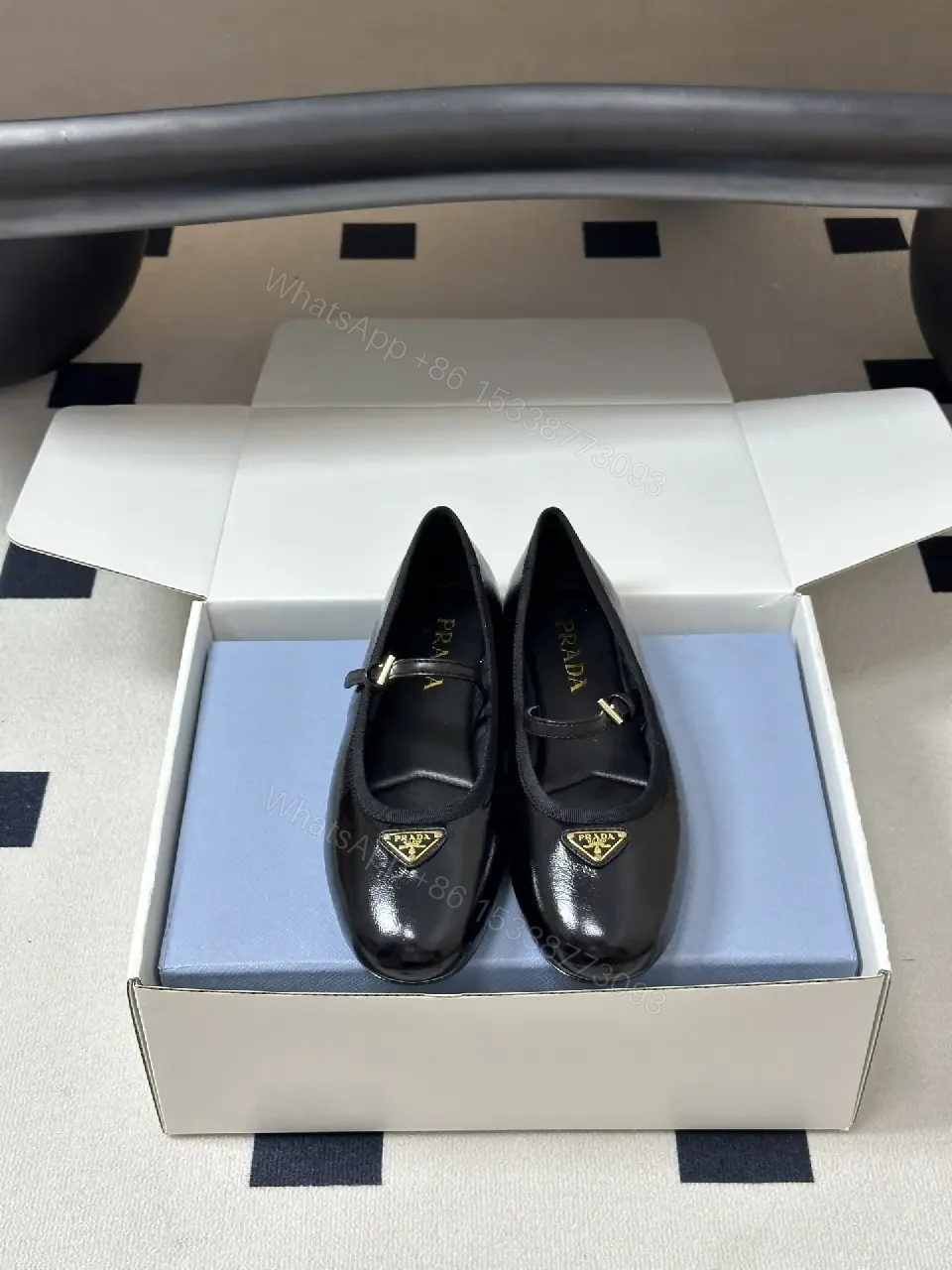 View 10 of Black Leather Ballerinas Prada Logo Classic Style Gossamer Comfort Shoes