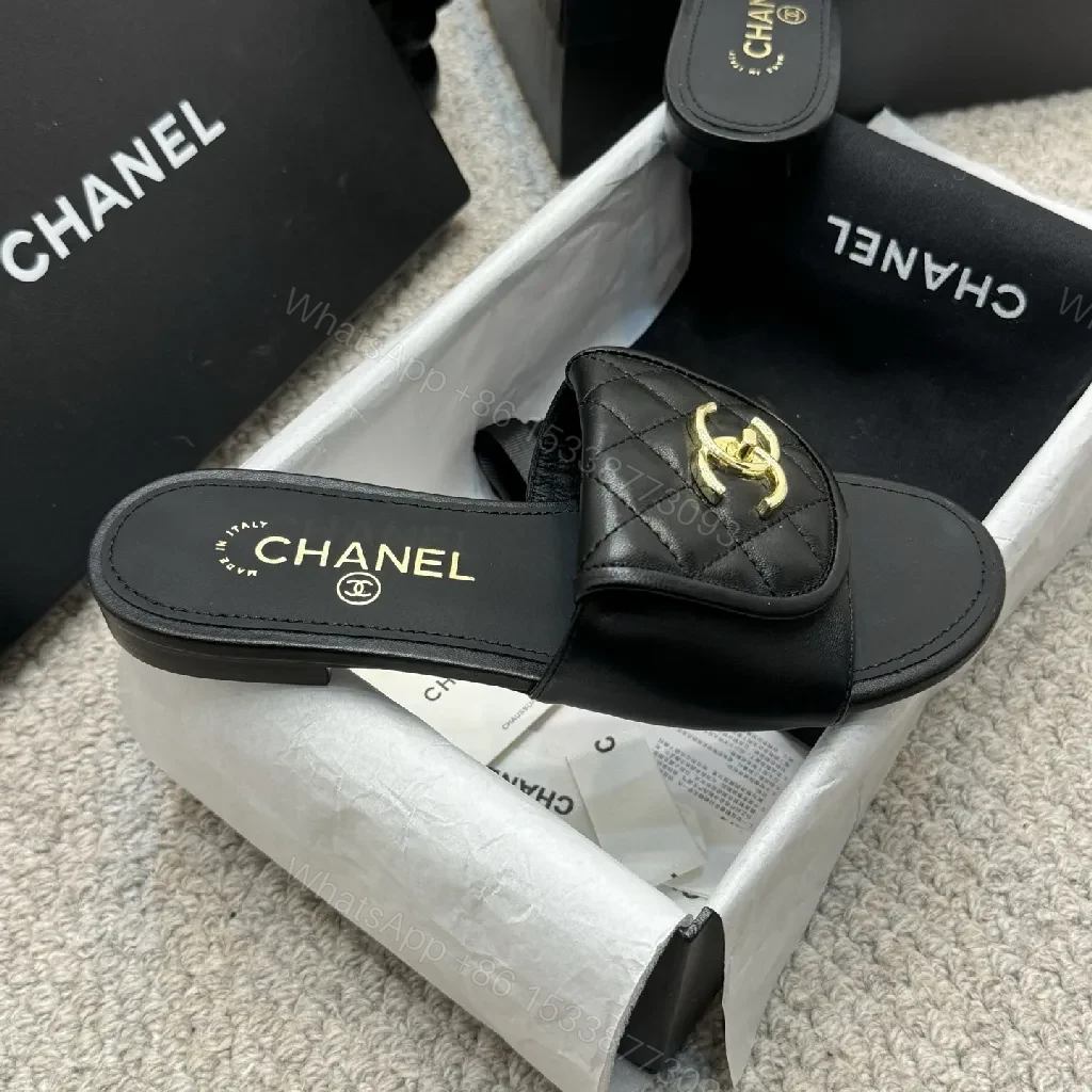 View 7 of Quilted Leather Slides with Gold Logo, Luxe Casual