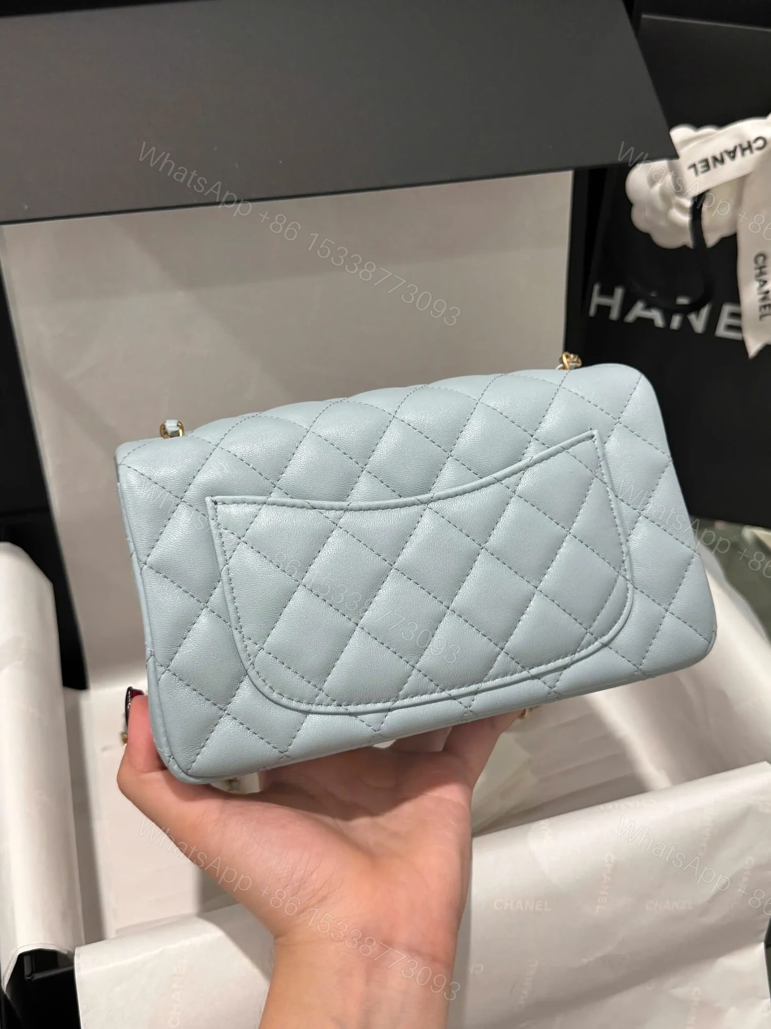 View 4 of Chanel Classic Bell Bag Handbag Sheepskin Blue Like Auth Lock Gold 20cm