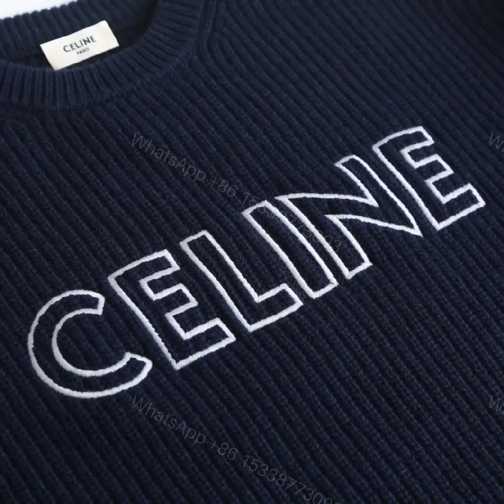 View 6 of Navy Knit Crew with Bold CELINE Script - Luxe Everyday Comfort