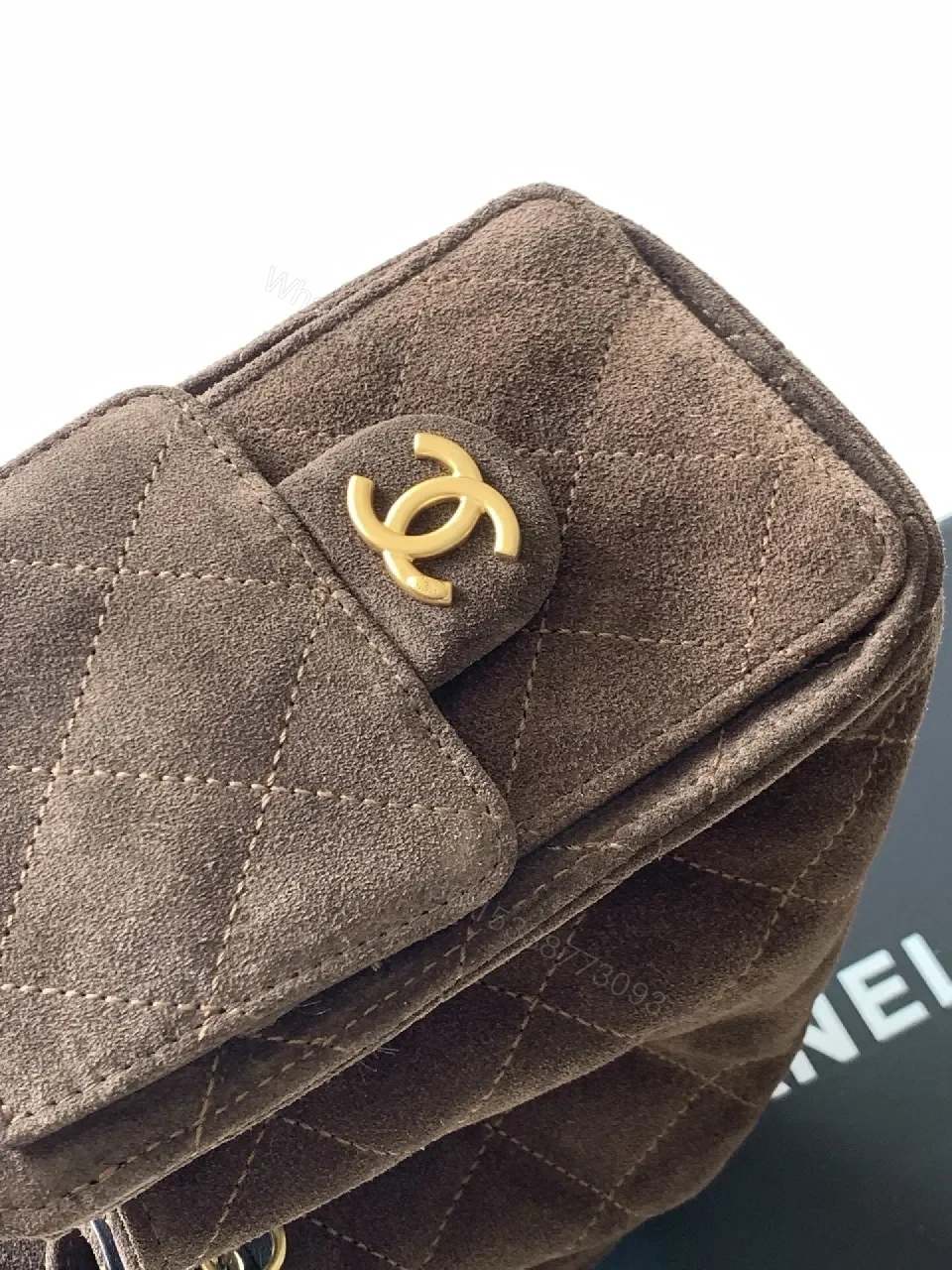 View 9 of Brown Velvet Quilted Shoulder Bag with Gold Chain