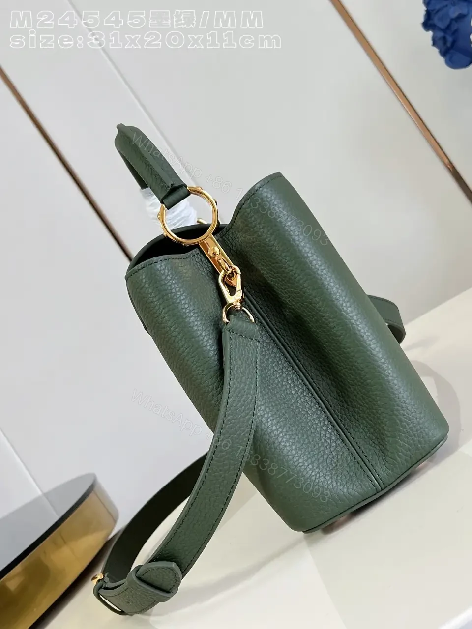 View 6 of Green Pebbled Satchel with Gold Hardware, Structured, Everyday Luxury Bag