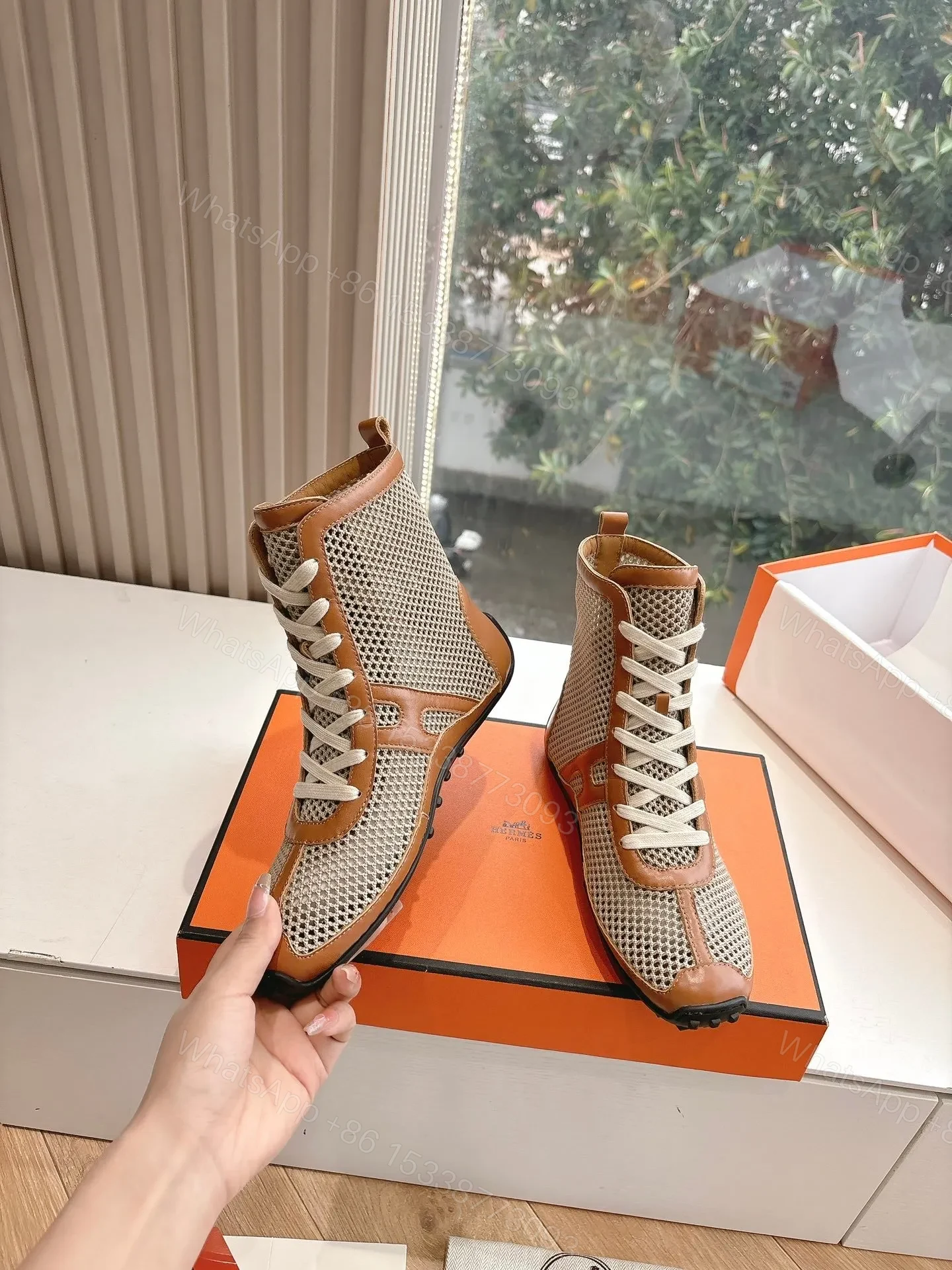 View 6 of Hermes Women Beige Mesh And Brown Leather Sneakers