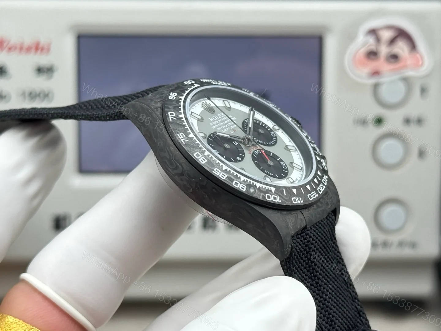 View 6 of Rolex Daytona Carbon Fiber Panda Replica 40MM Premium Black Fabric Strap R74-BLACK-WHITE