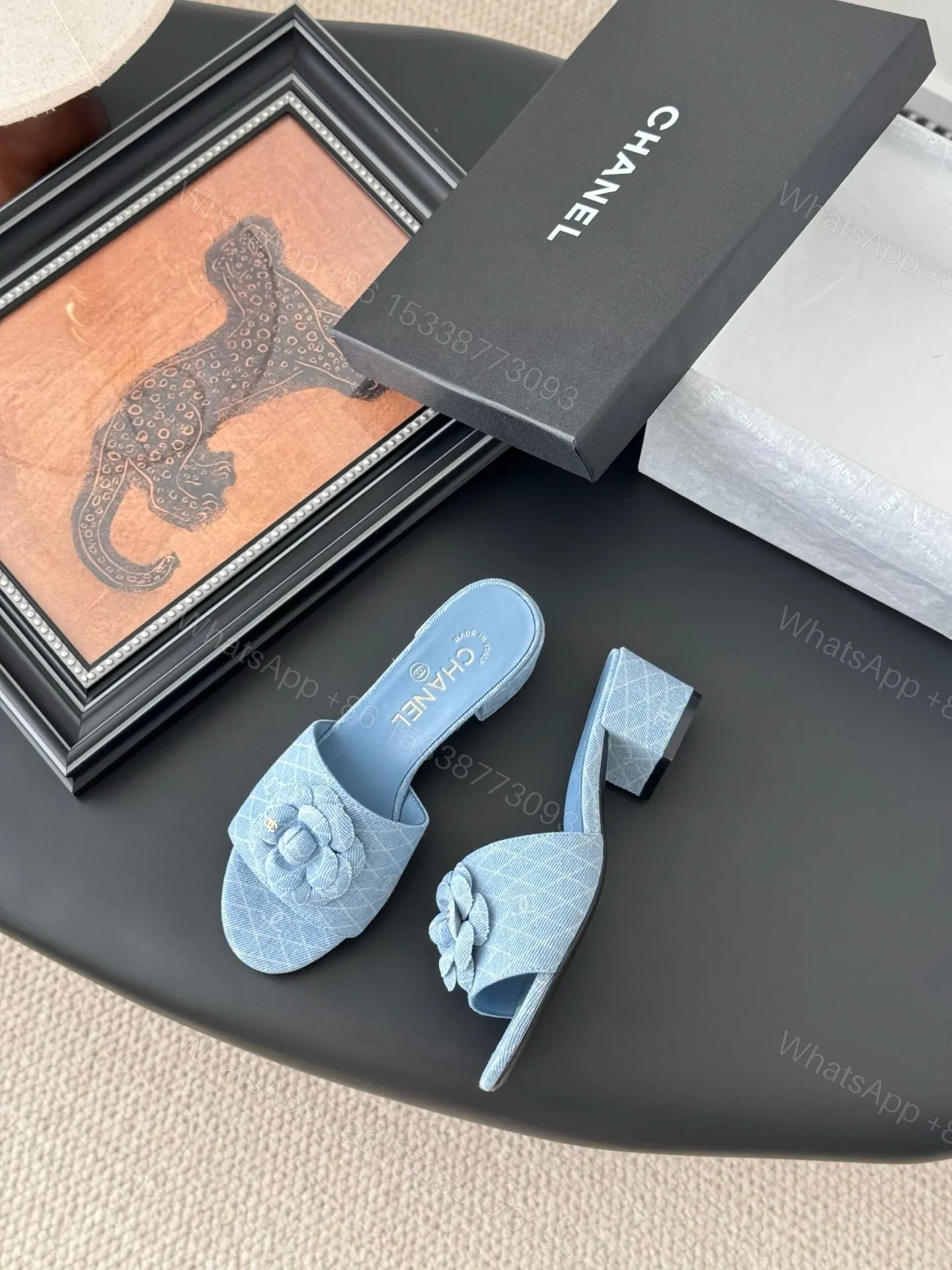 View 3 of Chanel Women Light Blue Fabric Floral Slide Sandals