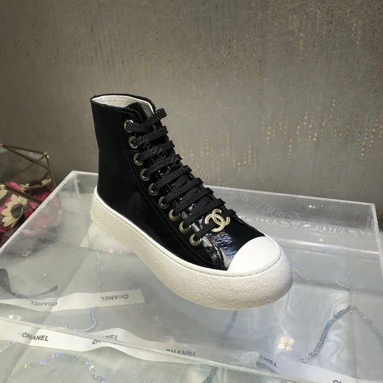 View 4 of Chanel-Inspired Black Patent High-Top Sneakers with Gold Logo