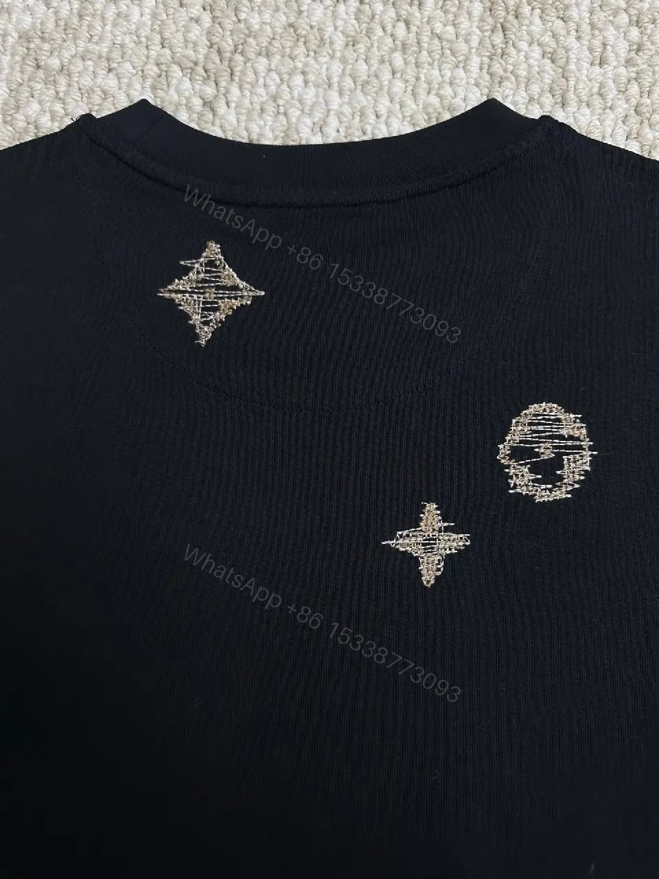 View 7 of Black Cotton Tee with Gold Embroidered Louis Vuitton Motif Tee
