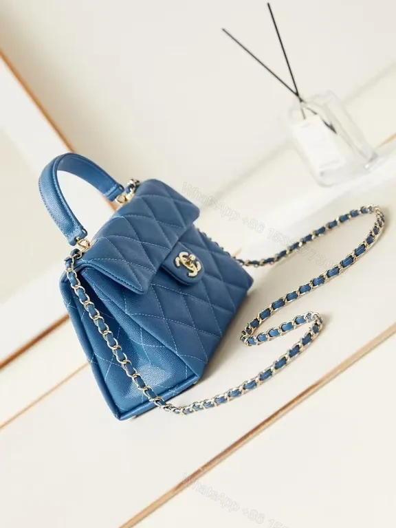 View 3 of Chic Ocean-Blue Quilted Mini Bag with Chain Detail