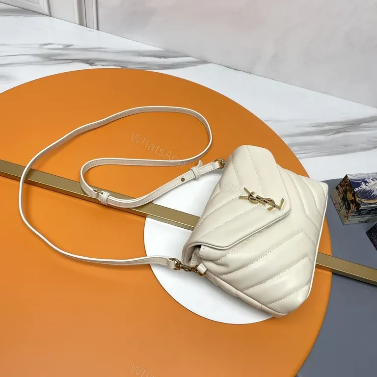 View 2 of Beige Quilted Lambskin Shoulder Bag with Gold YSL Hardware
