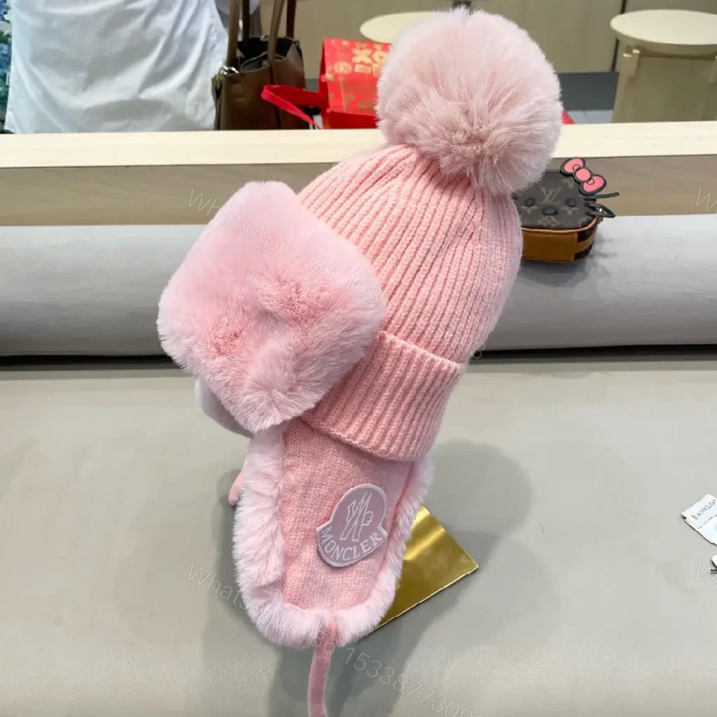 View 4 of Pink Knit Hat with Fuzzy Ear Flaps — Plush Warmth, Luxe Style
