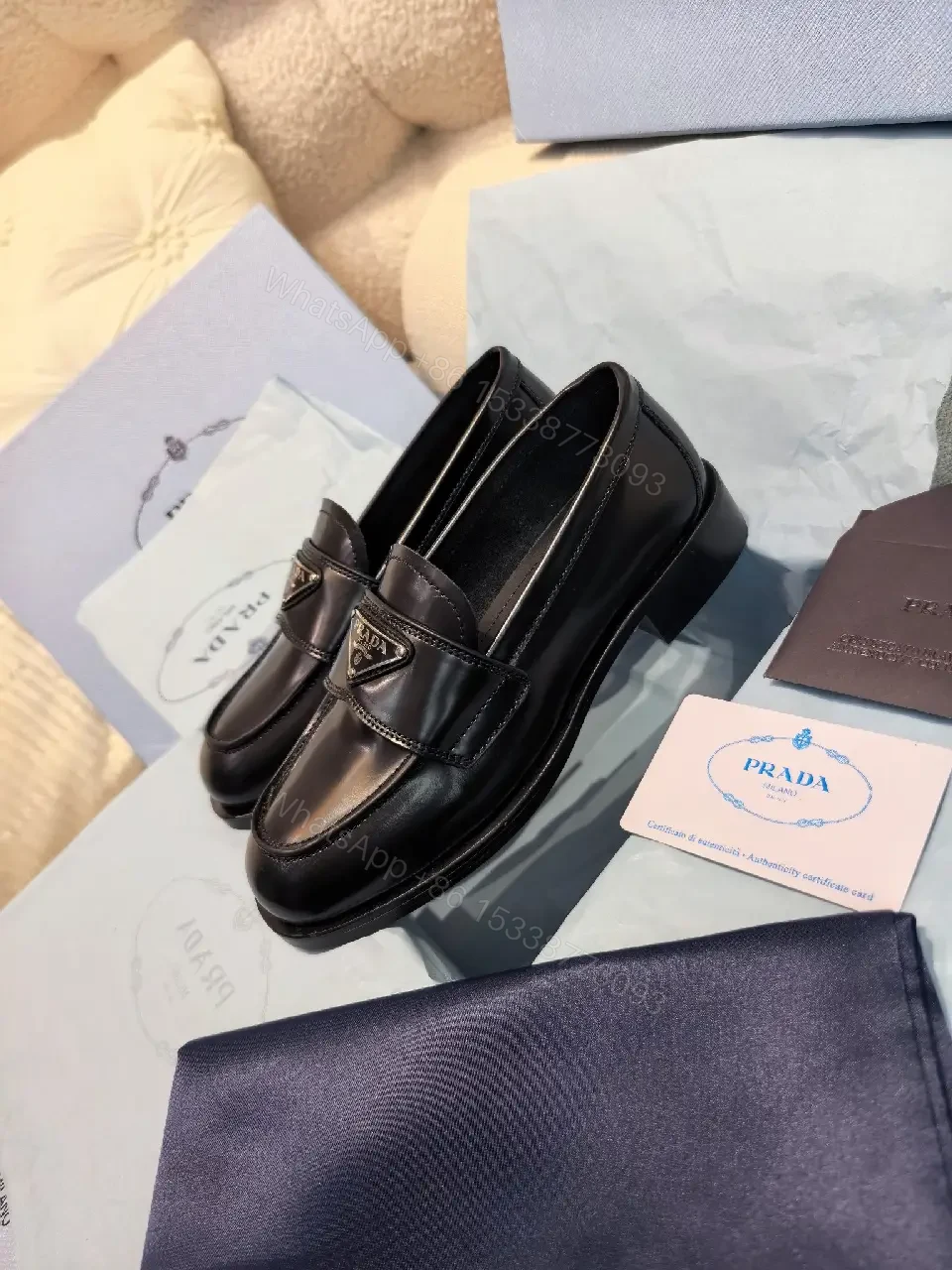 View 9 of Black Leather Prada Slippers with Logo Trim