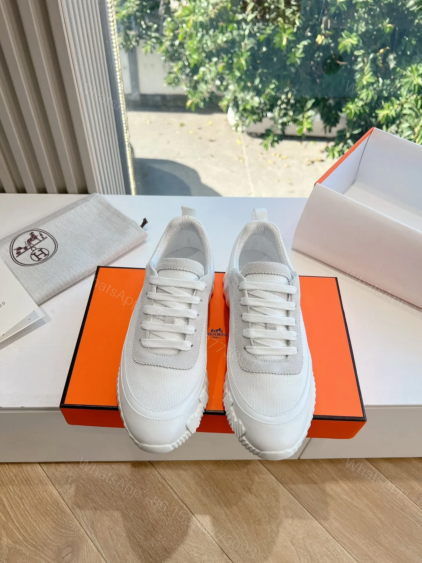 Hermes Women White Mesh And Leather Sneakers — view 1
