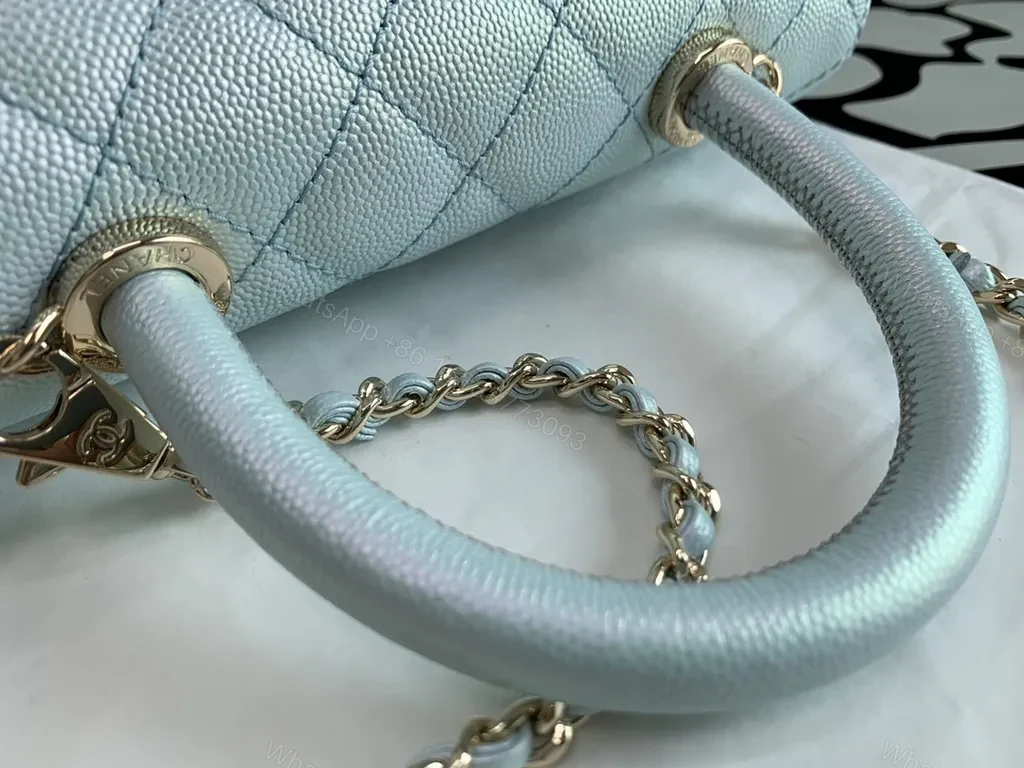 View 2 of Pastel Blue Quilted Bag with Gold CC Accents - Luxe Compact Purse