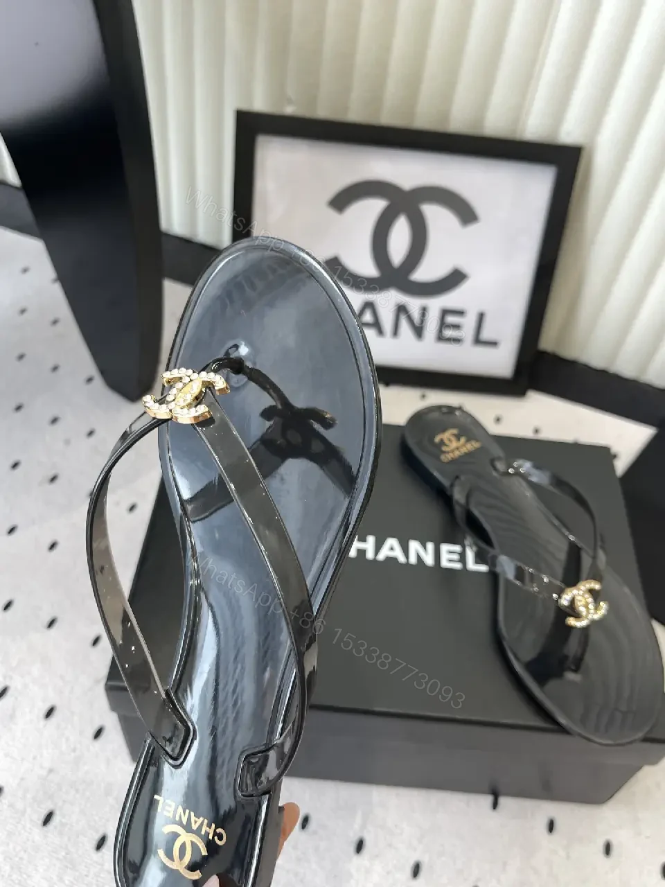 View 2 of Black Leather Plastic Sandals Classic Gold Chanel Logo Sandals