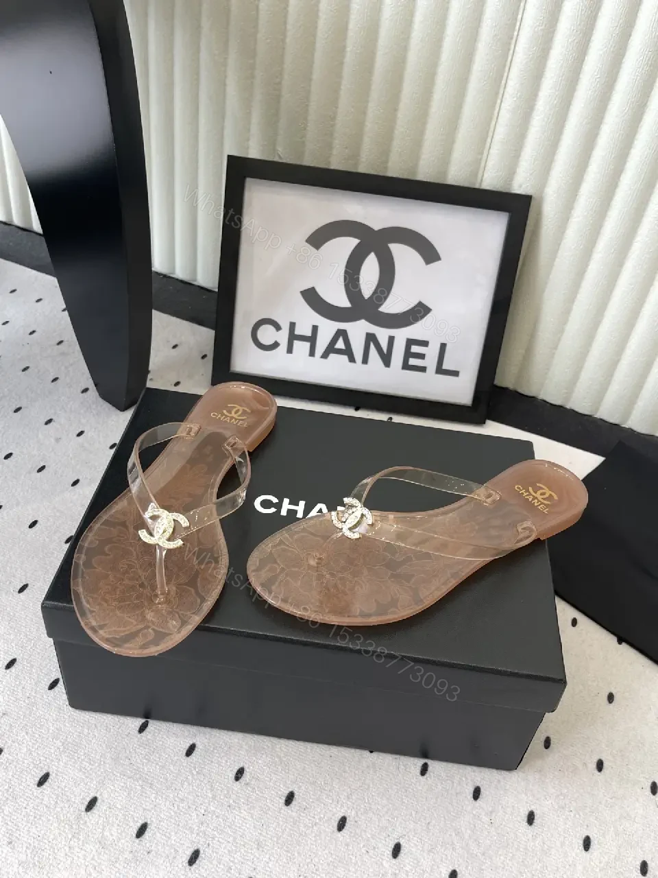 View 5 of Beige Leather Chanel Logo Flip-Flops Sandals