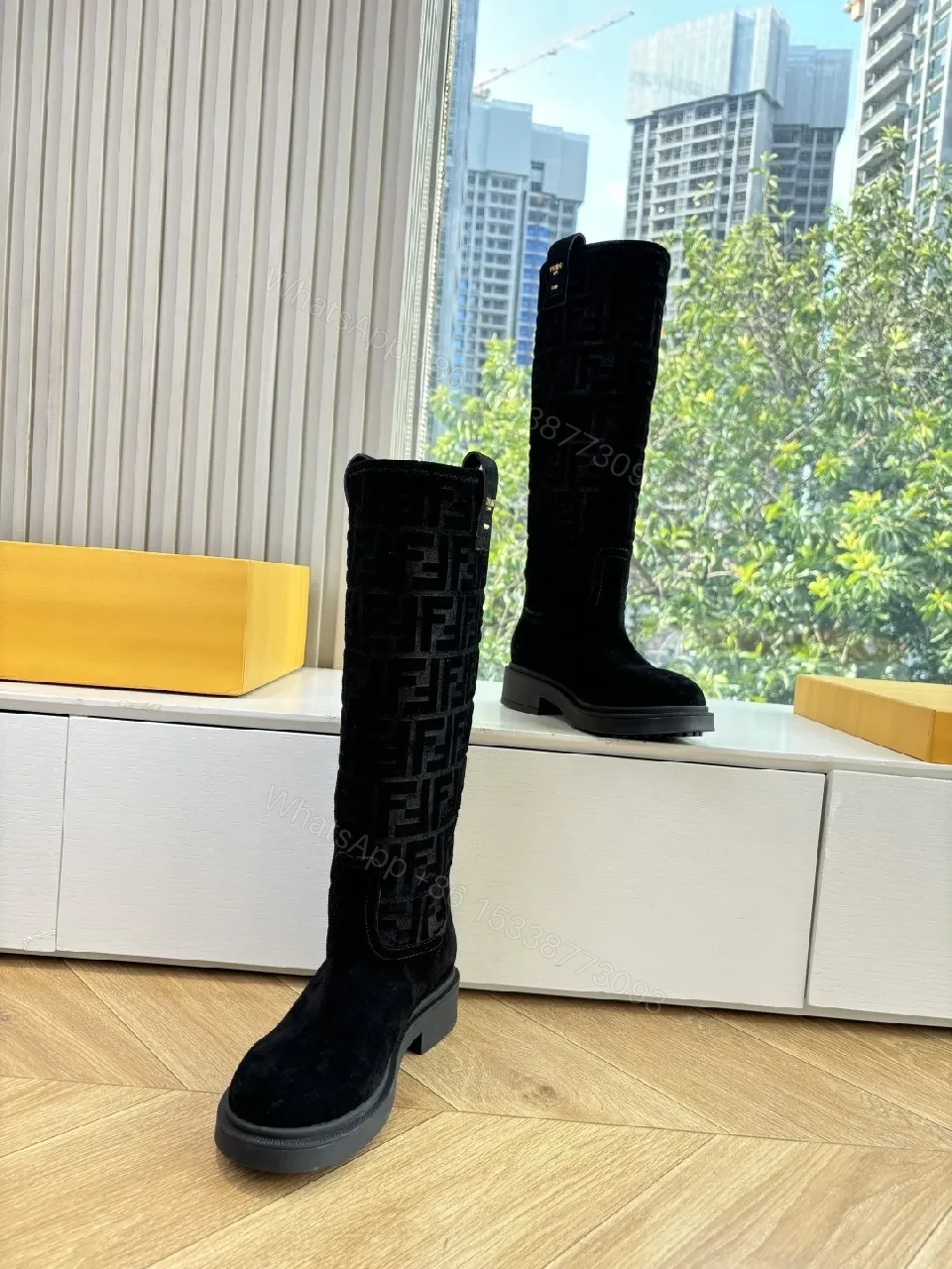 View 5 of Black Suede-Like Knee Boots with Signature Pattern Calf-Height Glam