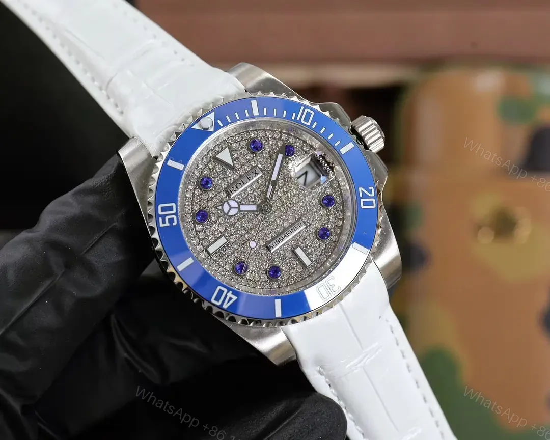 View 3 of Best Rolex Submariner Blue Leather Strap replica 40MM Pave Dial Edition RG-SUBMARINER-BLUE-LEATHER-PAVE-40