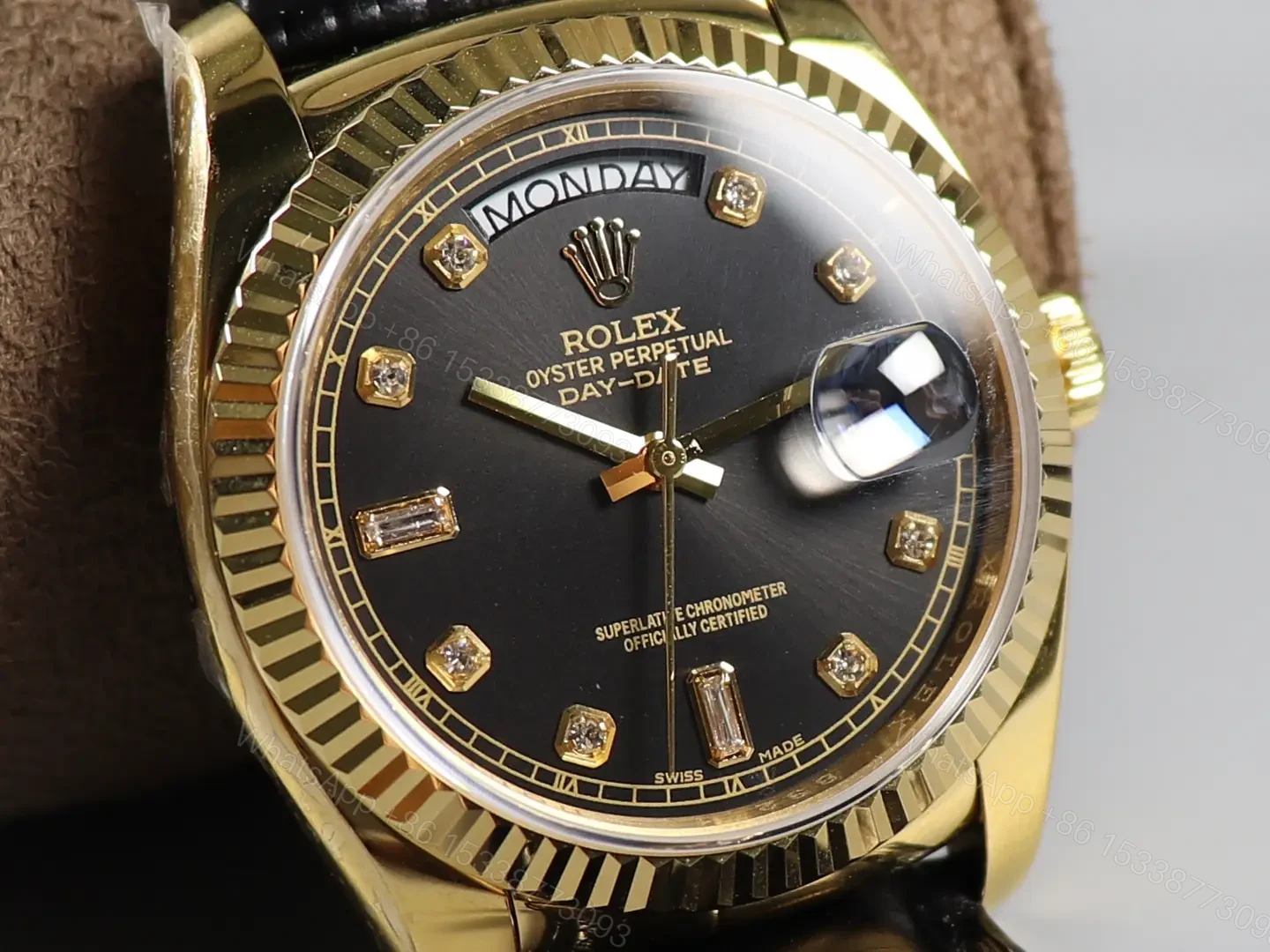 View 3 of Rolex Day-Date Black Diamond 36MM Leather Strap Premium Edition ROLEX-DD36-BLK-DIA