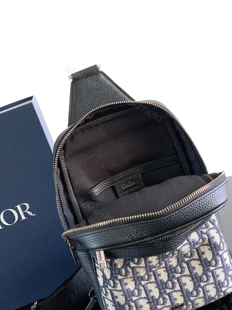 View 2 of Compact Leather Crossbody: Monogram Textured Black Bag