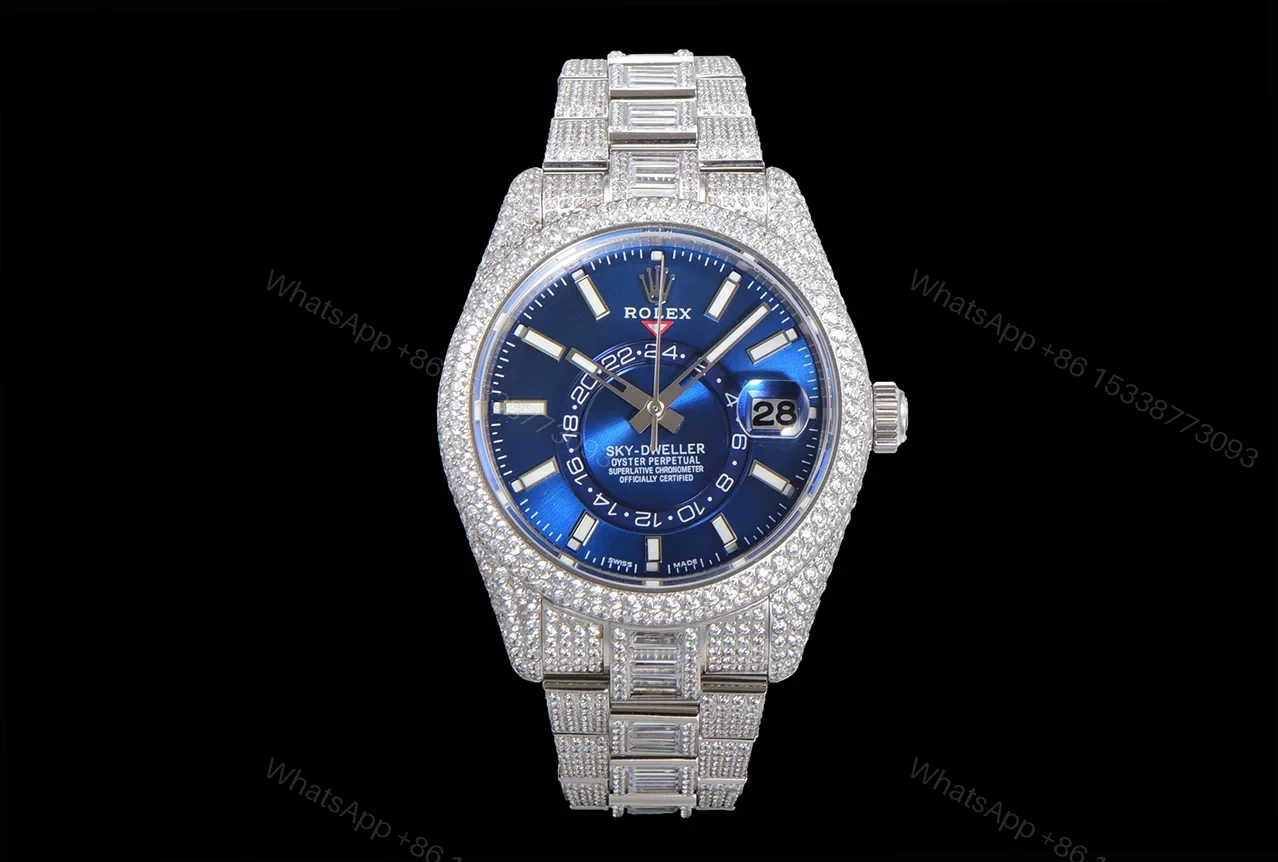 Rolex Sky-Dweller Blue Diamond Replica 42MM Premium Full Pavé Steel Bracelet RG-ROLEX-SKYDWELLER-BLUE-DIAMOND-42 — view 1