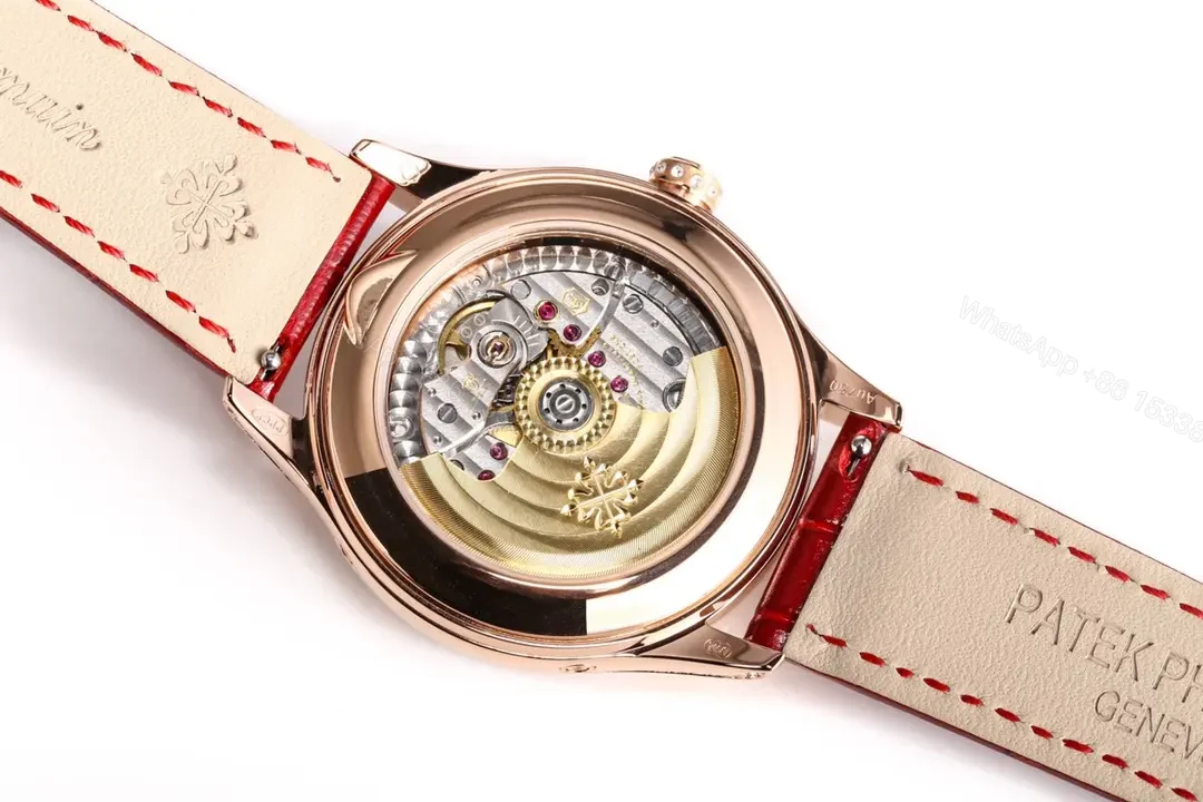 View 7 of Patek Philippe Complications Collection Annual Calendar Moon Phase Women’s Watch in Rose Gold with Diamond Set Case Red Leather Strap and Mother of Pearl Dial