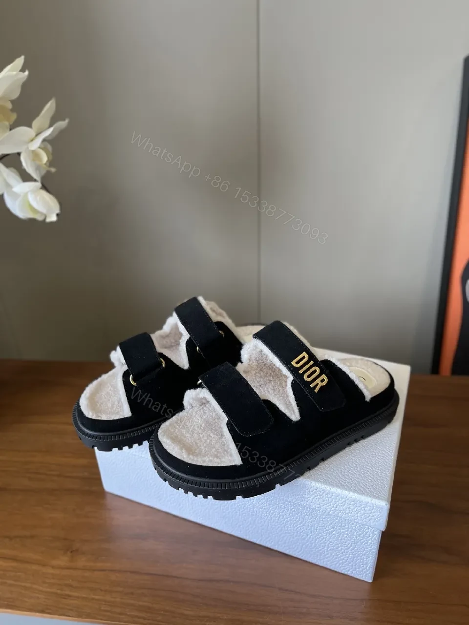 Black/Sherpa-Textured Slides with Velcro Strap & Durable Outsole — view 1