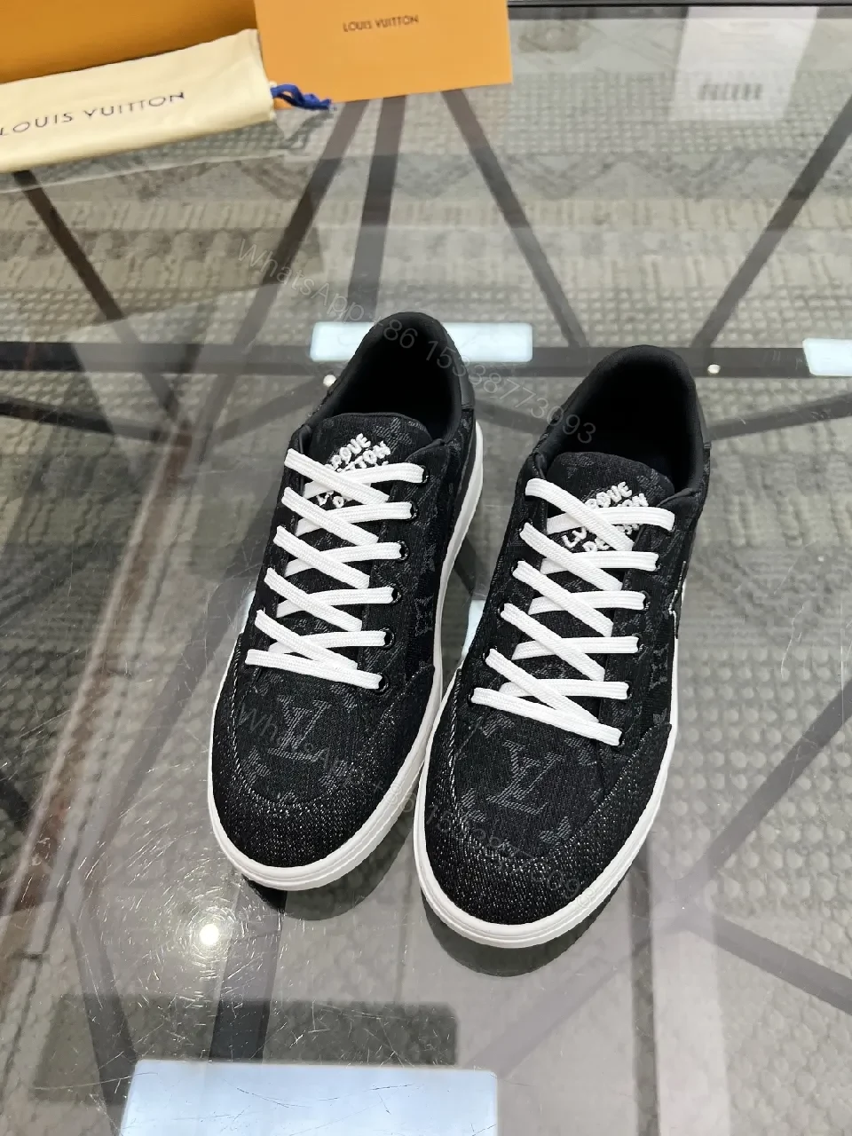 View 3 of Denim-Texture Sneakers with LV-Inspired Embroidery, All-Day Comfort