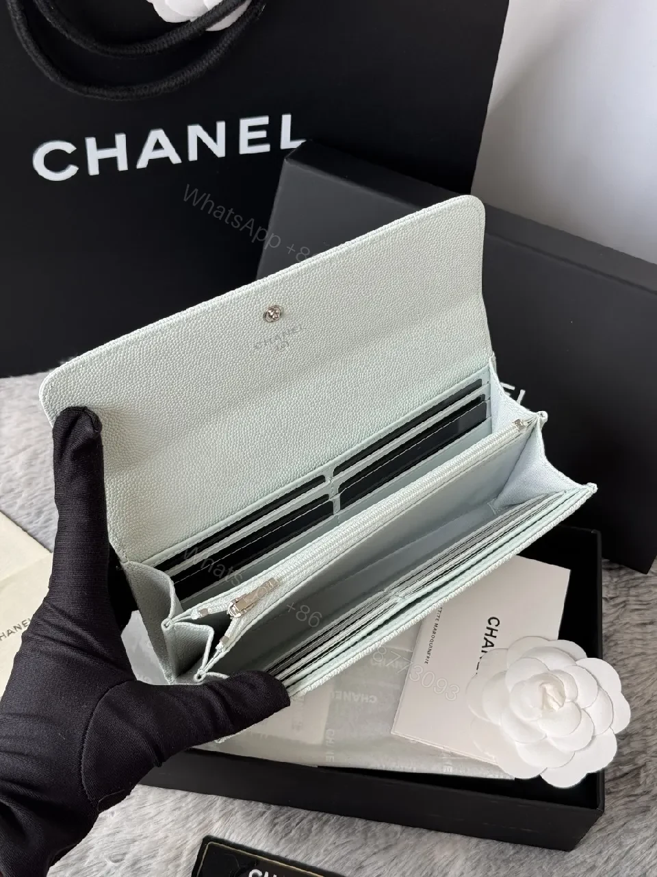 View 11 of Mint Caviar Leather Wallet: Quilted, Bi-Fold, Subtle Shine