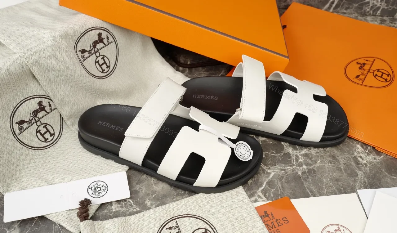 View 2 of Minimalist White Leather Sandals with Black Footbed and Hermes-Inspired Hardware