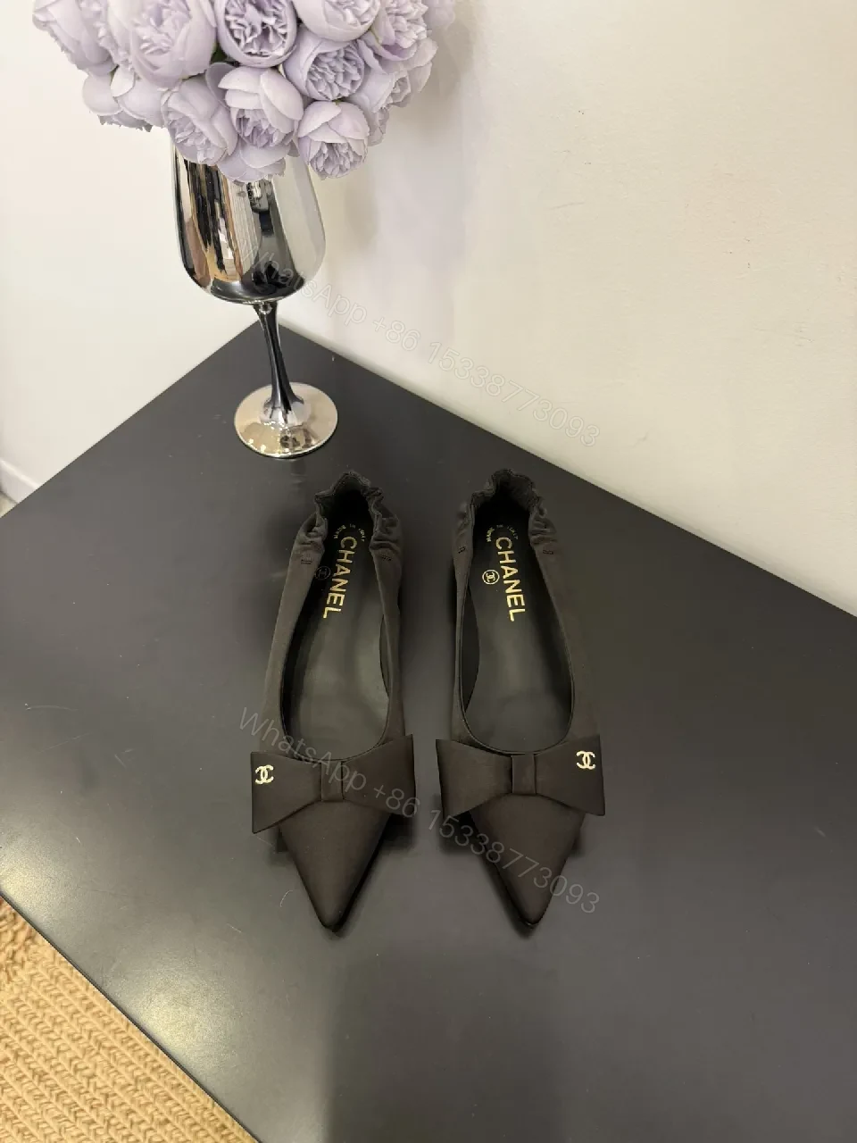 View 6 of Black Satin Pointed-Toe Mules with Bow Detail